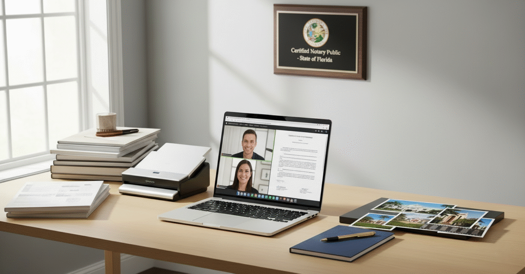 A professional, modern workspace with a laptop showing a secure video call and a document. The desk includes a sleek document scanner, organized documents, and a stack of scanned photos and film negatives. A certification plaque is on the wall in the background.